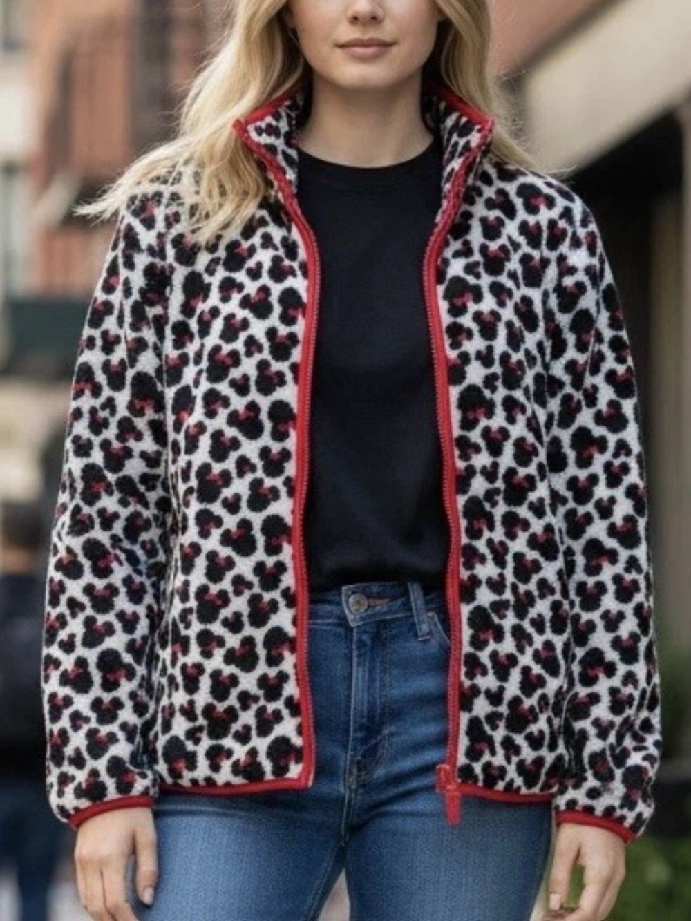 EUC Disney Minnie Mouse Print Full-Zip Fuzzy Fleece Jacket